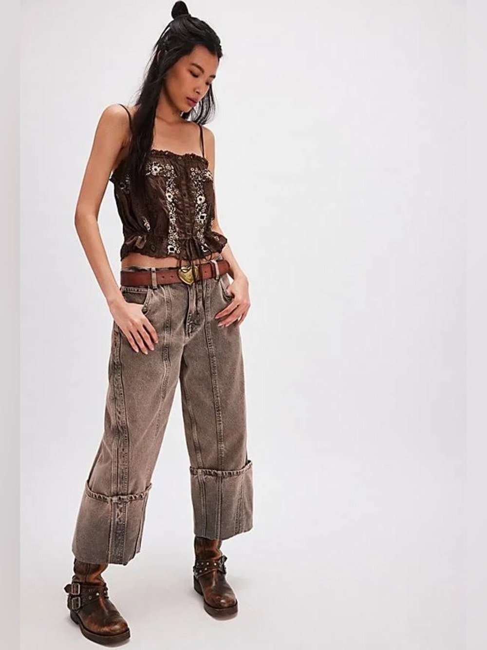 NWT FREE PEOPLE WE THE FREE Olsen Cuffed Crop Barrel Jeans | Slate/Taupe $128